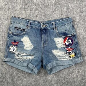 Superdry Shorts Women's 26 Steph Boyfriend Denim Distressed Patchwork Rolled Hem
